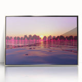 Mid-century modernist art depicting Maui scenery on a silver-framed acrylic print, with vibrant ocean and sunset hues.