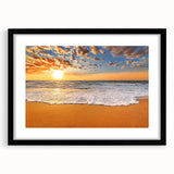 Colorful abstract art print of Oahu scenery in vibrant hues, framed in black, ideal for living room decor.