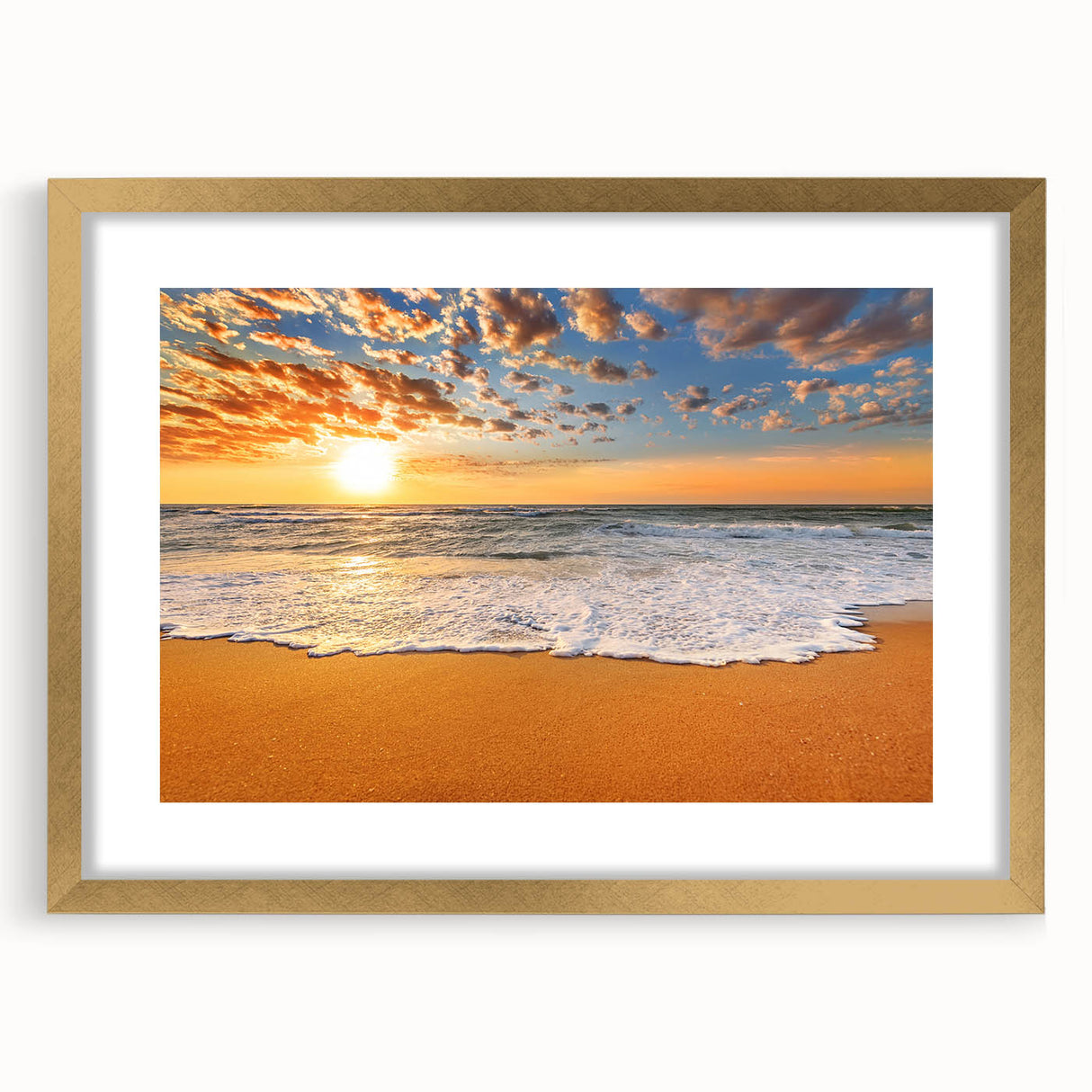 Extra large abstract art print of Oahu, Hawaii, featuring textured blues and greens, framed in gold.