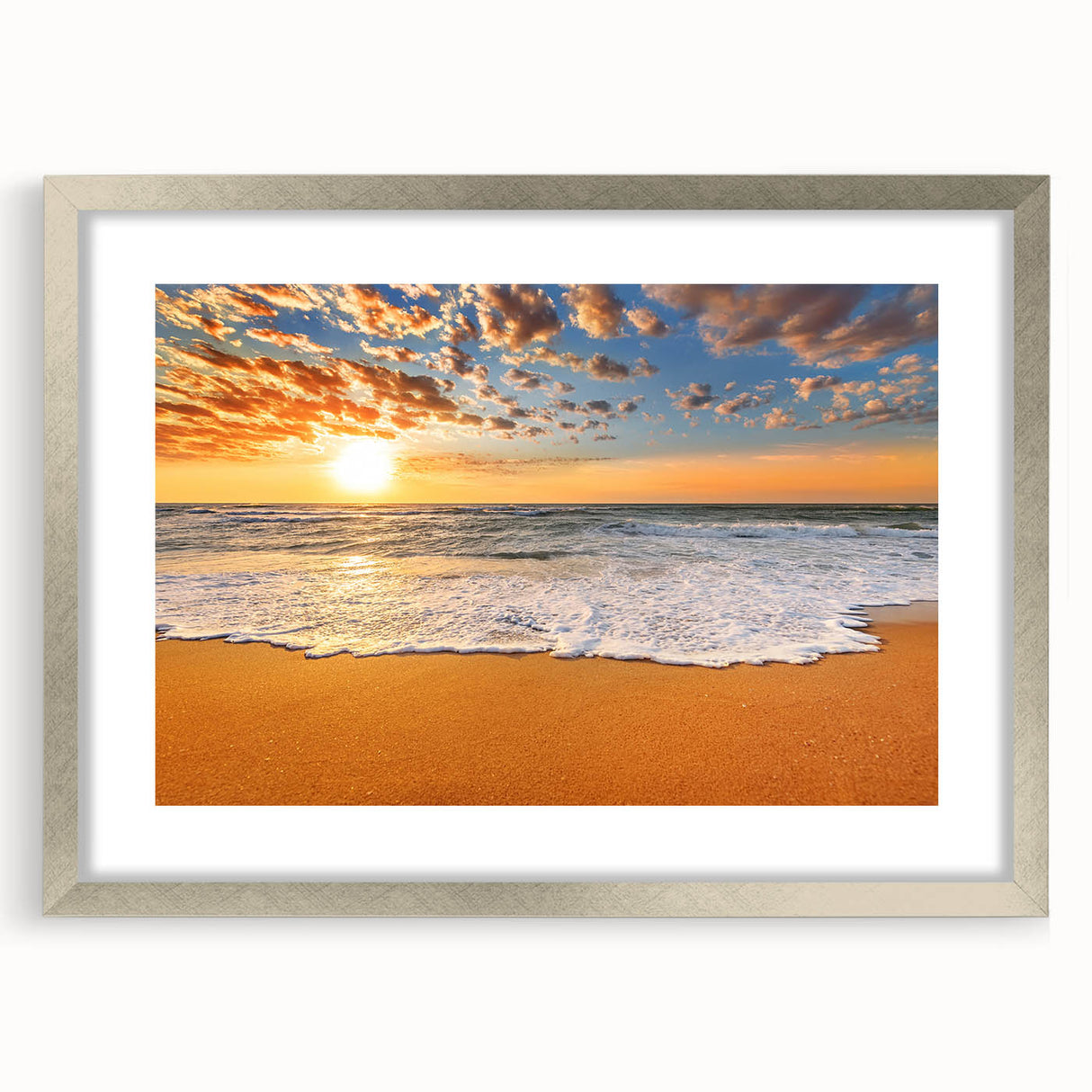 Textured art print of Oahu's lush landscape in muted green and blue tones on a framed silver mat, suitable for bedroom decor.