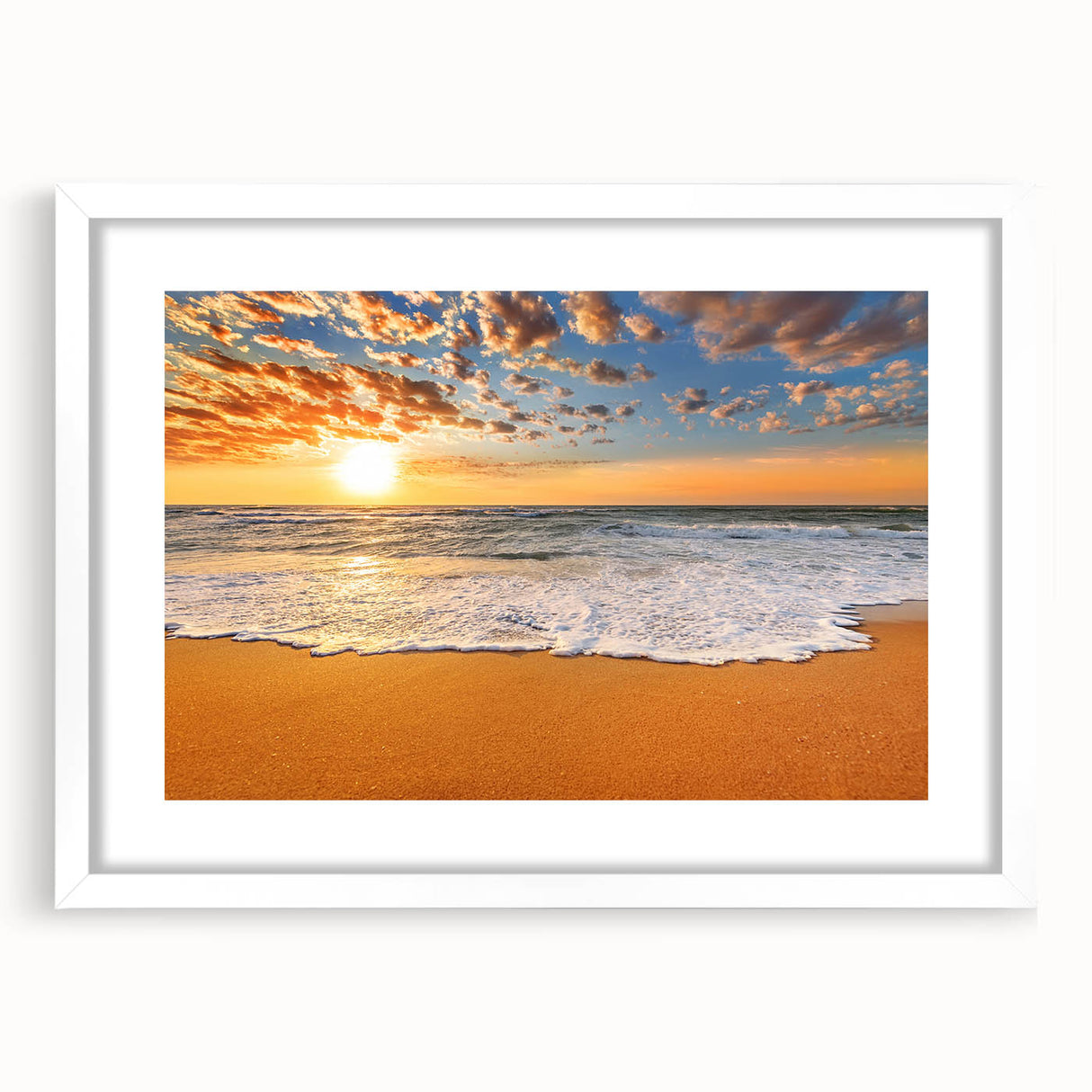 Abstract art print depicting the Oahu coastline in muted blue and green tones, framed in white.