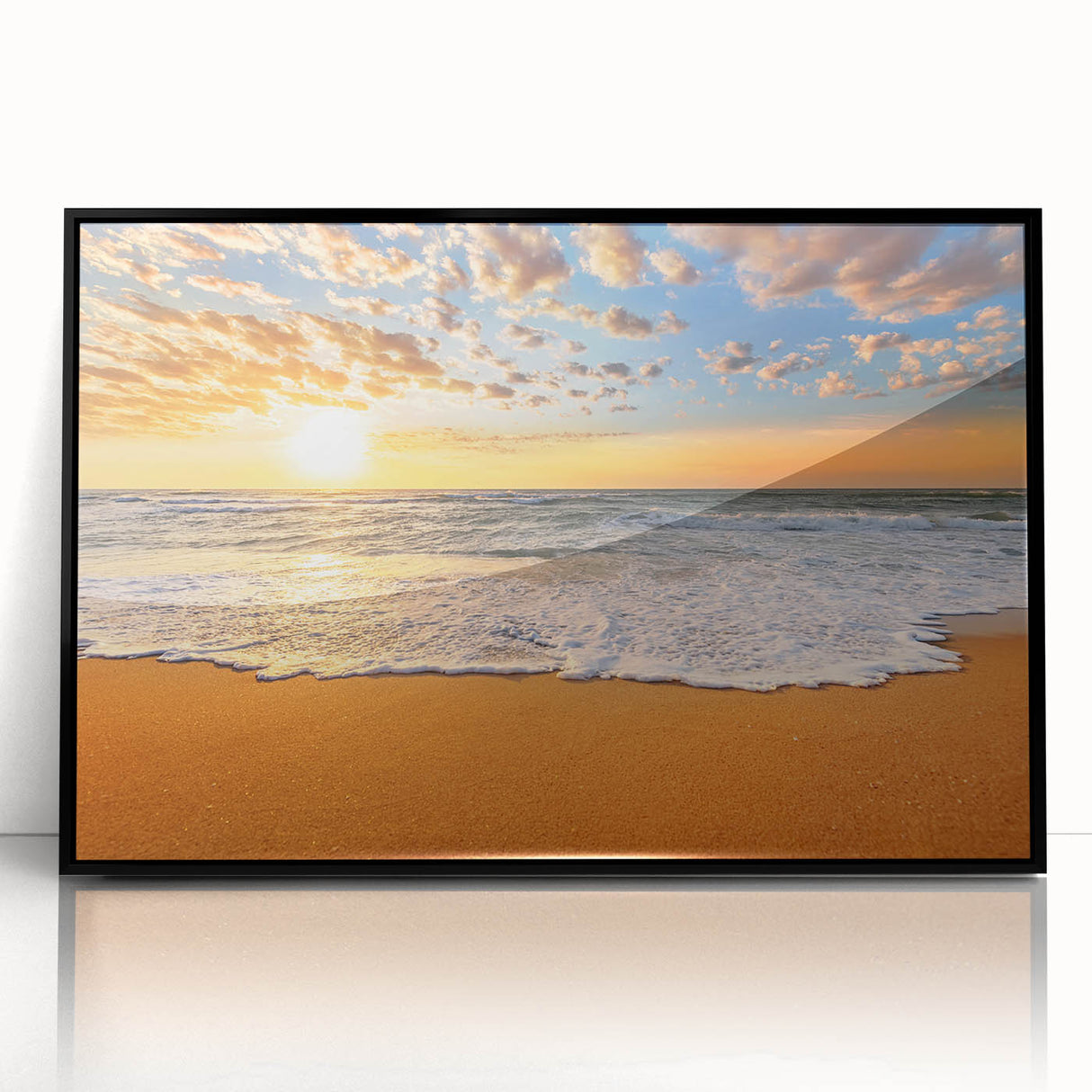Large abstract wall art depicting Oahu's coastline in muted blue and green tones, framed in black acrylic.