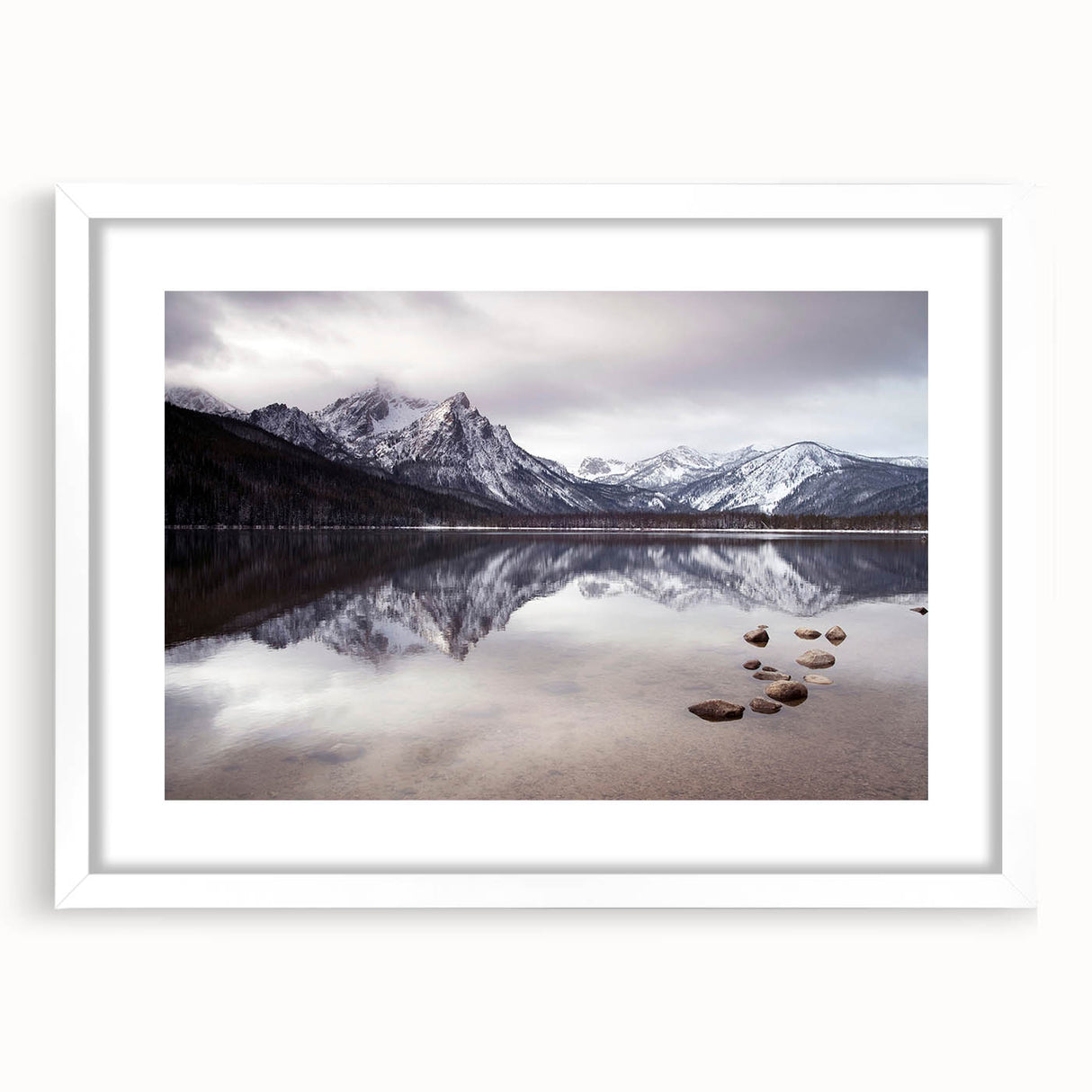Abstract art print of an Idaho landscape in muted earth tones on a white matted frame, suitable for dining room decor.