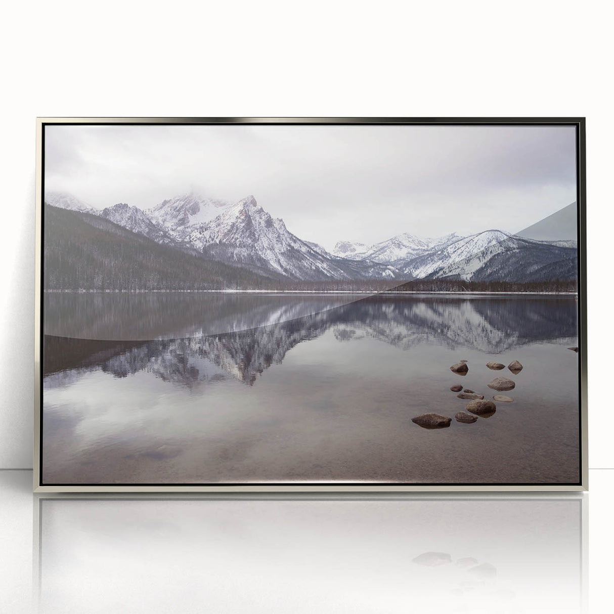 Mid-century modernist art of Idaho scenery in muted earth tones on a framed acrylic, ideal for nursery wall art.