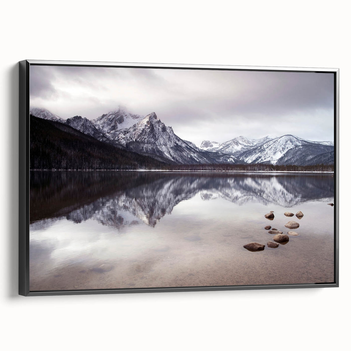 Black and white landscape art painting of Idaho scenery on framed canvas, ideal for bedroom decor.
