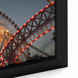 Extra large framed canvas of a textured Chicago skyline in black with colorful accents, ideal for living room decor.