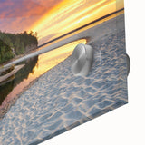 Large abstract depiction of Lake Michigan in muted blue and green hues on acrylic glass.