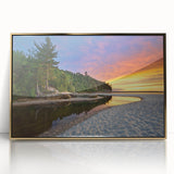 Mid-century modernist art of Lake Michigan, in muted blue and gold tones on framed acrylic.