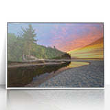 Art deco poster of Lake Michigan, using muted blue and gray tones, framed acrylic.