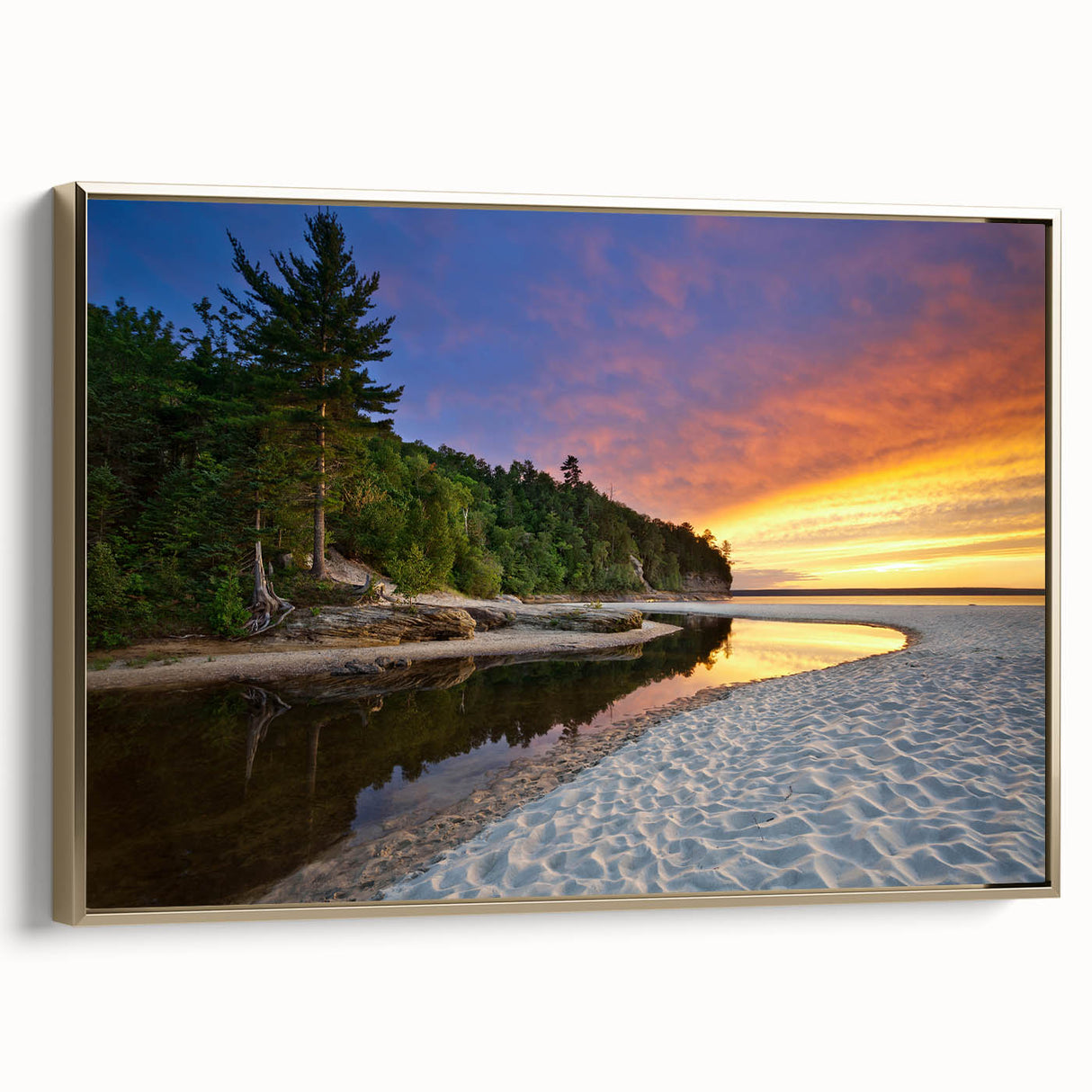 Framed canvas depicting a vintage-style landscape of Lake Michigan, with black and gold tones, ideal for bedroom wall art.