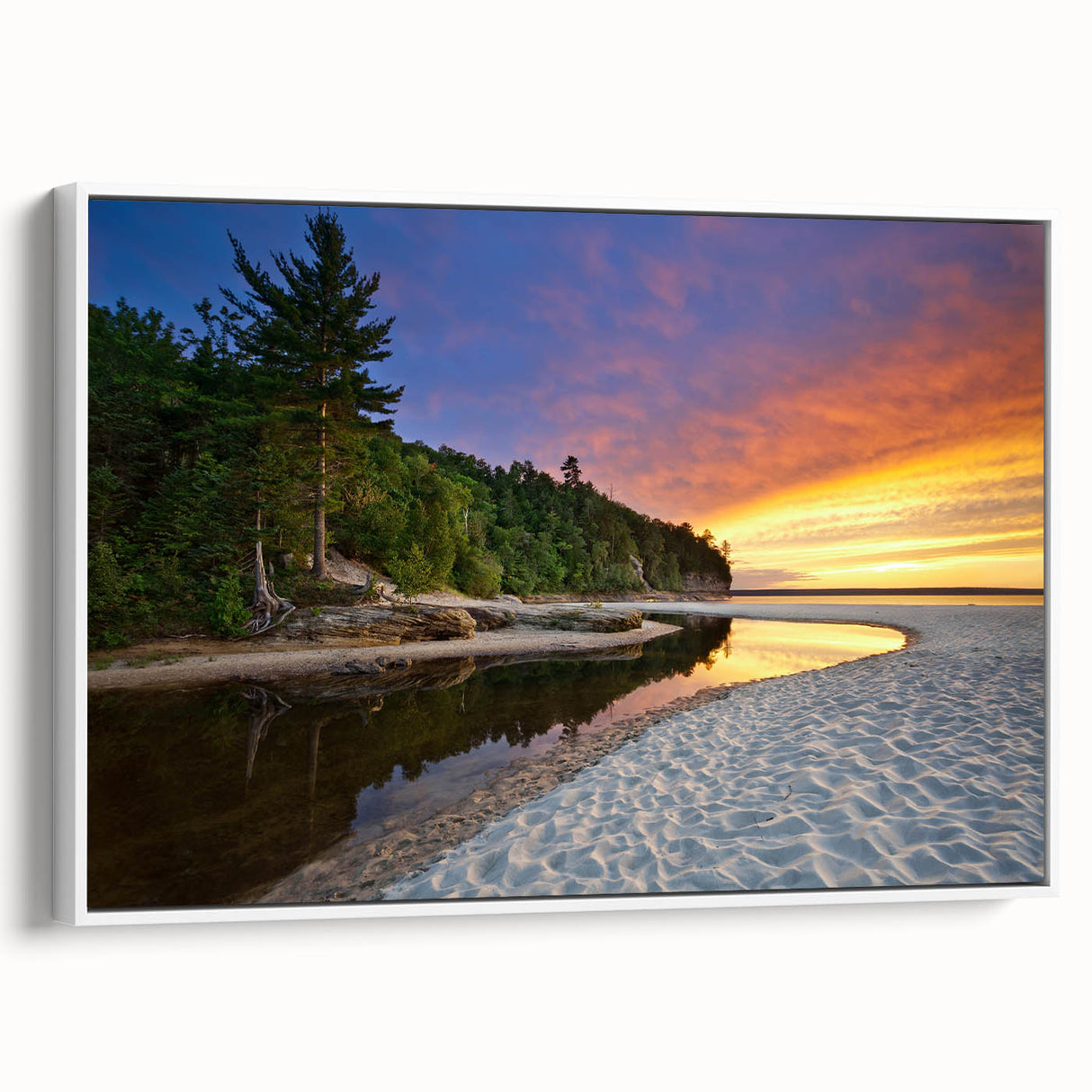 Vintage poster art of Illinois Lake Michigan on extra large framed canvas, featuring colorful art with black borders.