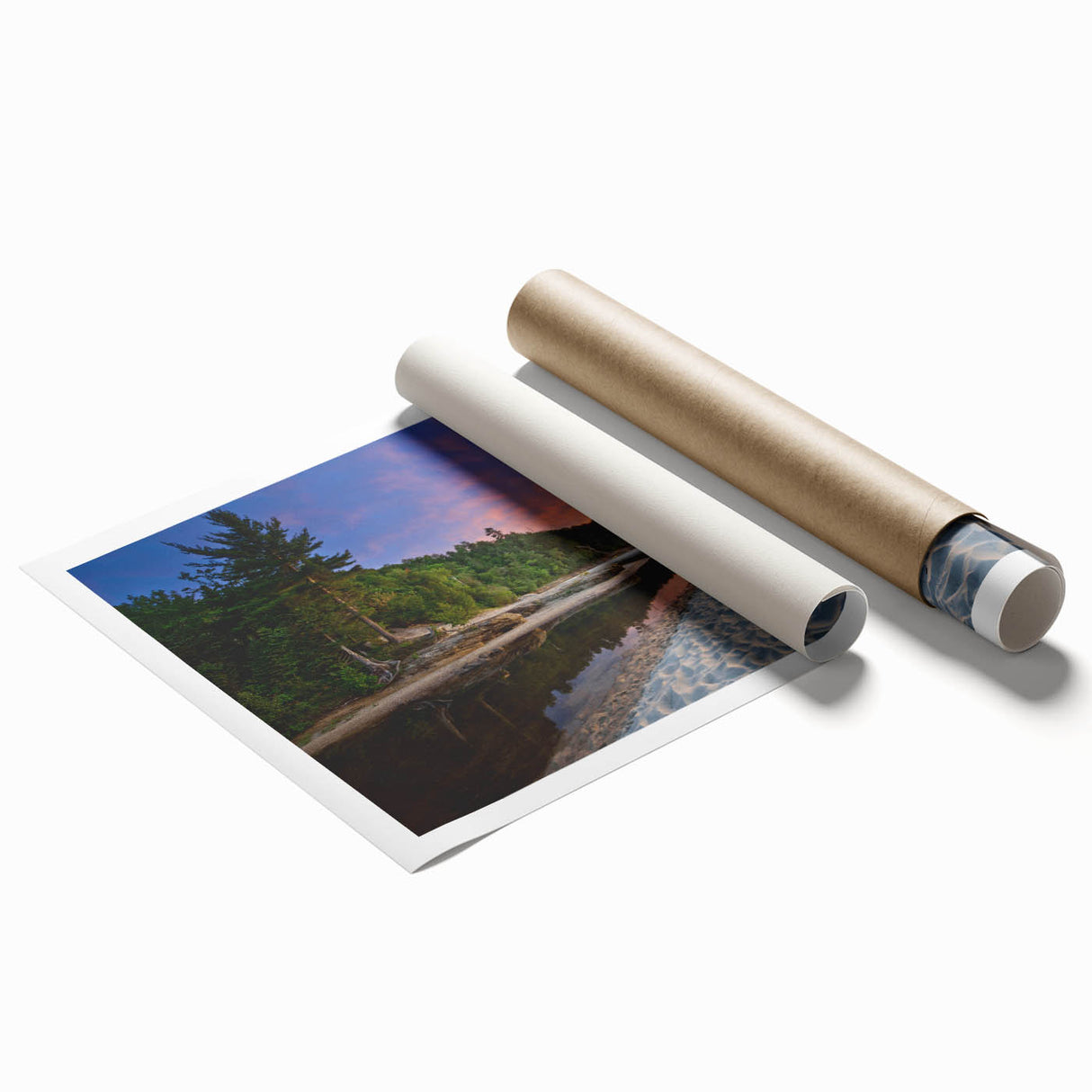 Extra large rolled print of Lake Michigan with subtle floral elements in muted blue tones.