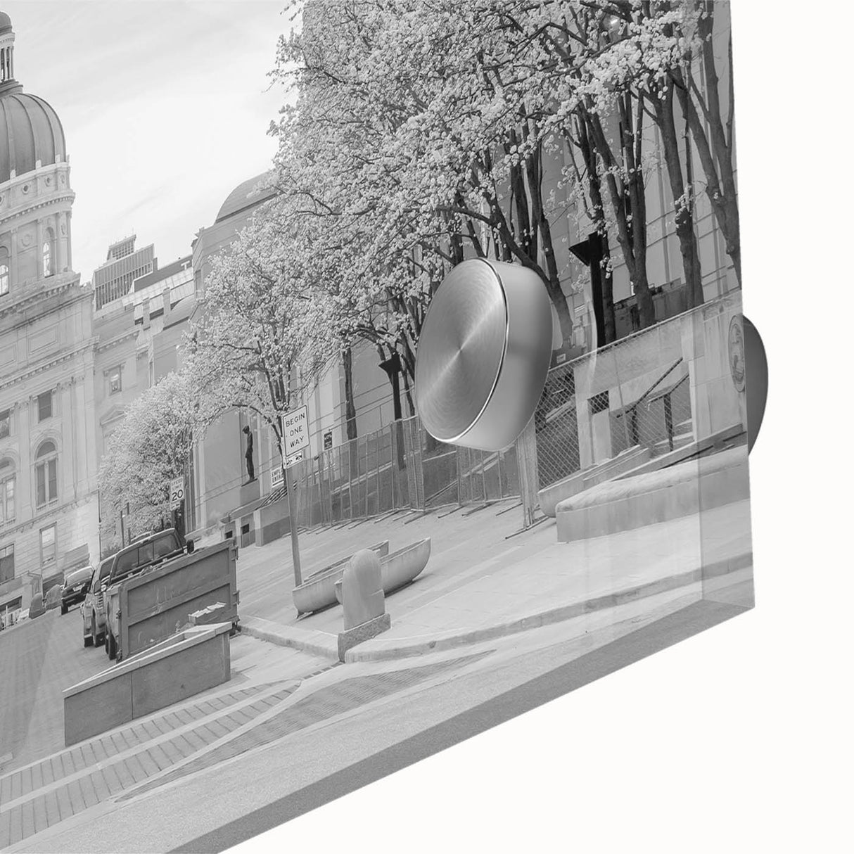 Acrylic print of a large abstract depiction of Indianapolis, featuring mid-century modernist style in muted earth tones.