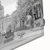 Acrylic print of a large abstract depiction of Indianapolis, featuring mid-century modernist style in muted earth tones.