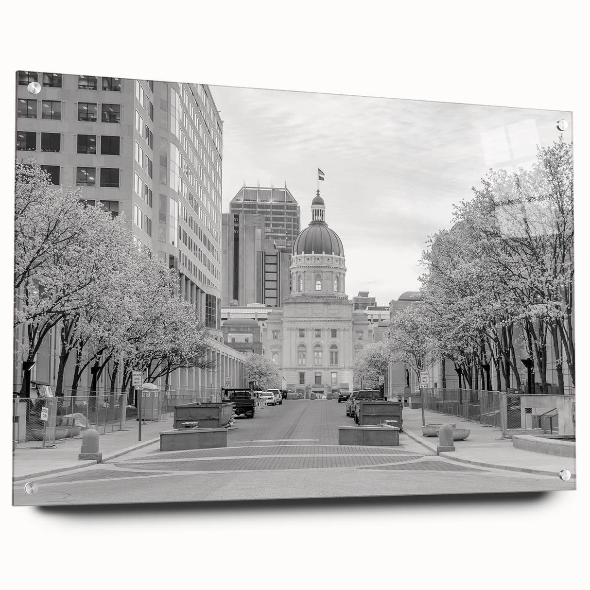 Acrylic print of Indianapolis skyline in muted gray tones, ideal for modern bedroom or dining room decor.