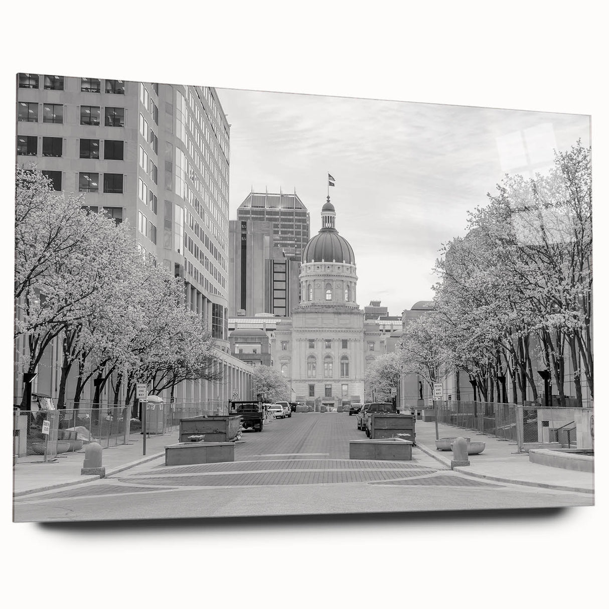 Acrylic print of Indianapolis skyline in muted grays and blues, ideal for bedroom or dining room art.