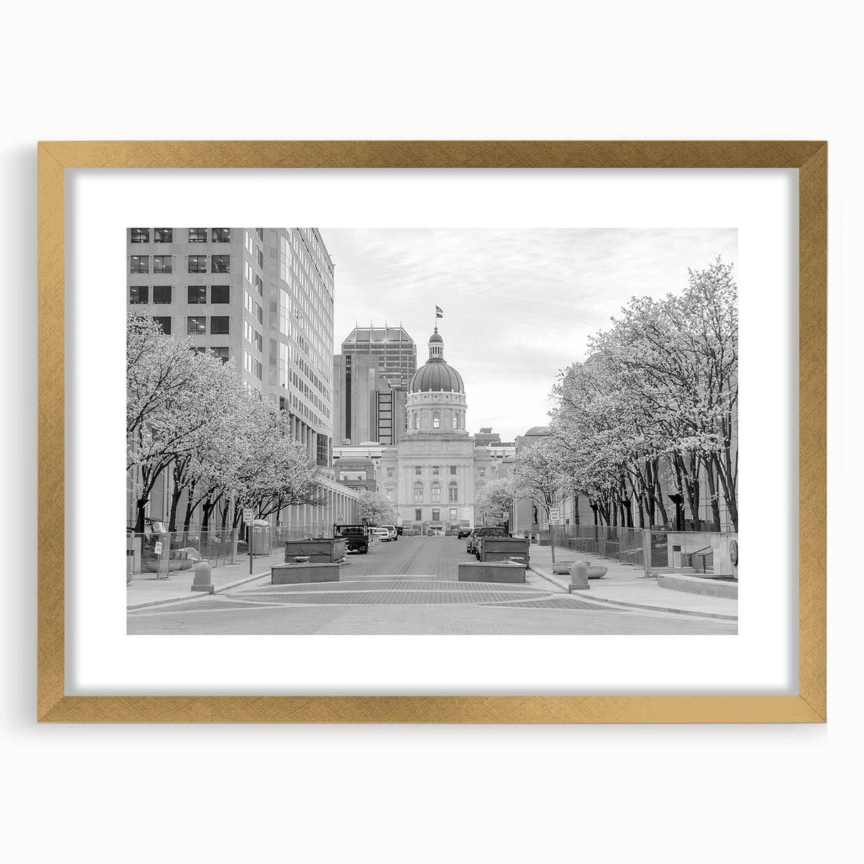Extra large abstract art print of Indianapolis skyline in textured gold frame, ideal for living room decor.