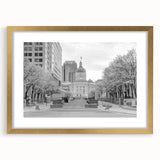 Extra large abstract art print of Indianapolis skyline in textured gold frame, ideal for living room decor.