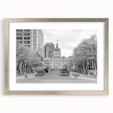 Textured abstract art print of Indianapolis skyline in muted silver and gray tones on a framed canvas.
