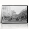 Large abstract wall art depicting the Indianapolis skyline in black and white tones on a framed acrylic.