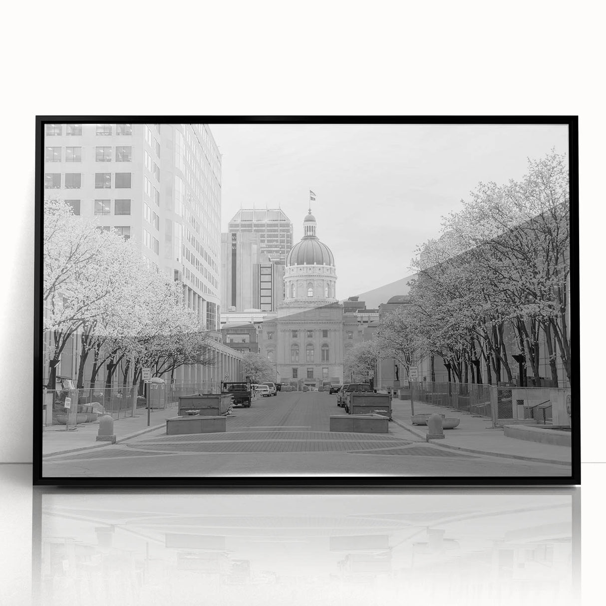 Large abstract wall art depicting the Indianapolis skyline in black and white tones on a framed acrylic.