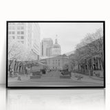 Large abstract wall art depicting the Indianapolis skyline in black and white tones on a framed acrylic.