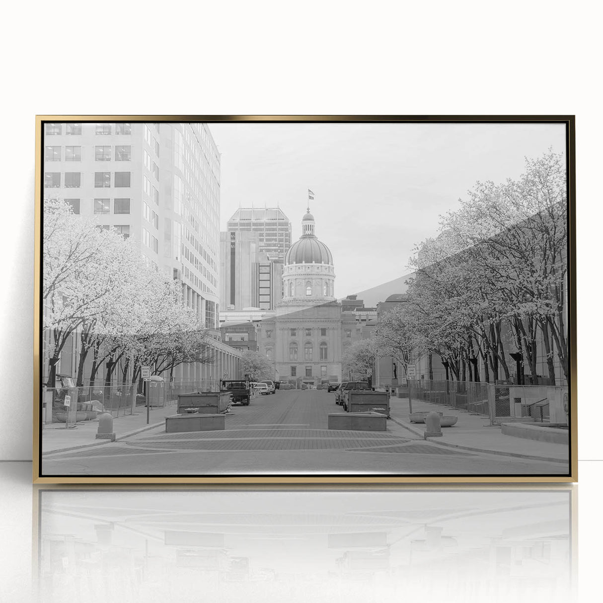 Framed acrylic print of Indianapolis skyline in muted gold and blue tones, suitable for modern nursery decor.