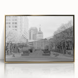 Framed acrylic print of Indianapolis skyline in muted gold and blue tones, suitable for modern nursery decor.