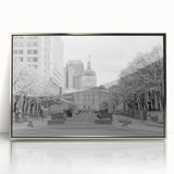 Mid-century modernist art of Indianapolis skyline in muted silver and gray tones on framed acrylic.