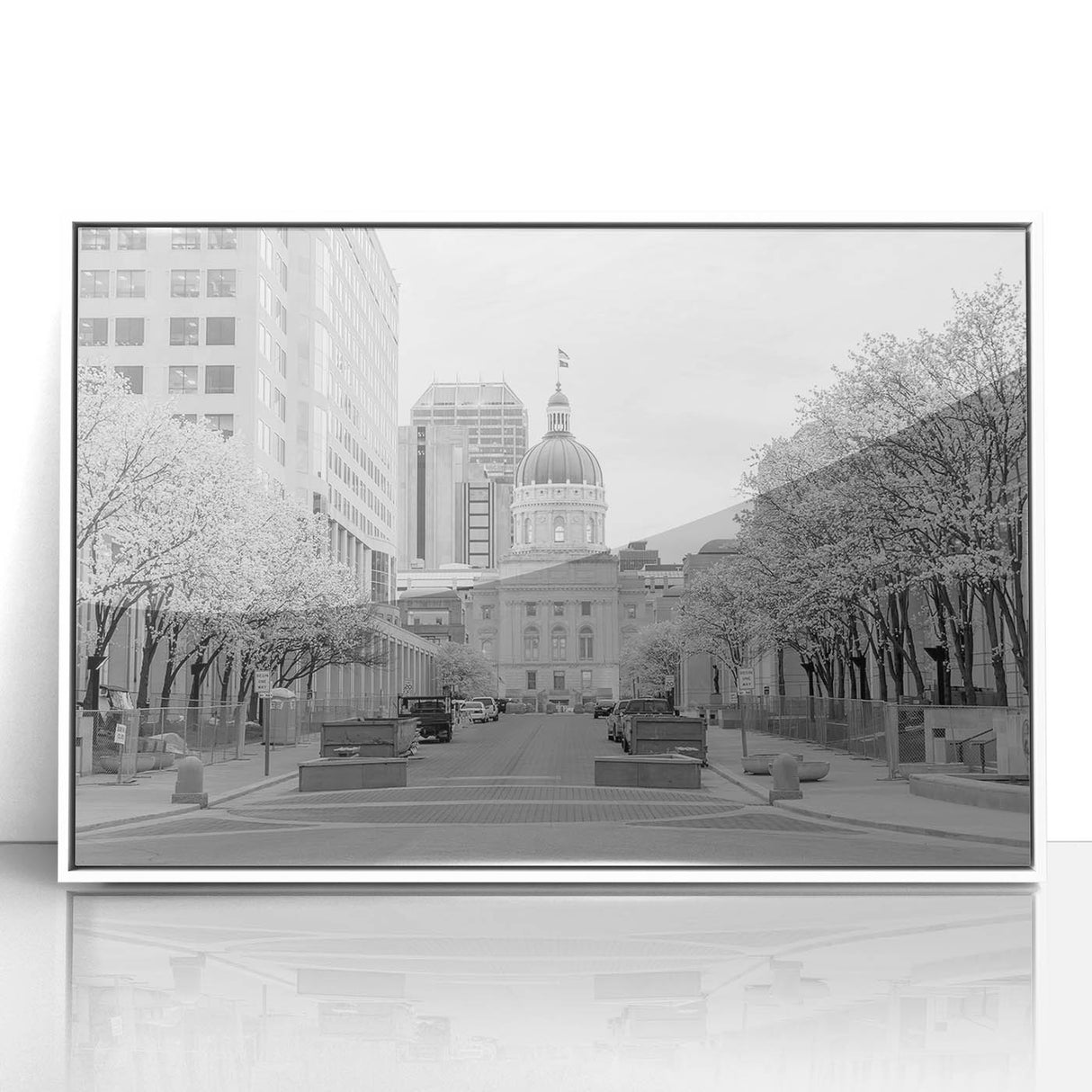 Acrylic print of Indianapolis skyline in art deco style with muted gray and blue tones, ideal for modern nursery wall decor.
