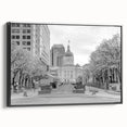 Black and white framed canvas depicting a vintage-style Indianapolis landscape, ideal for bedroom wall art.