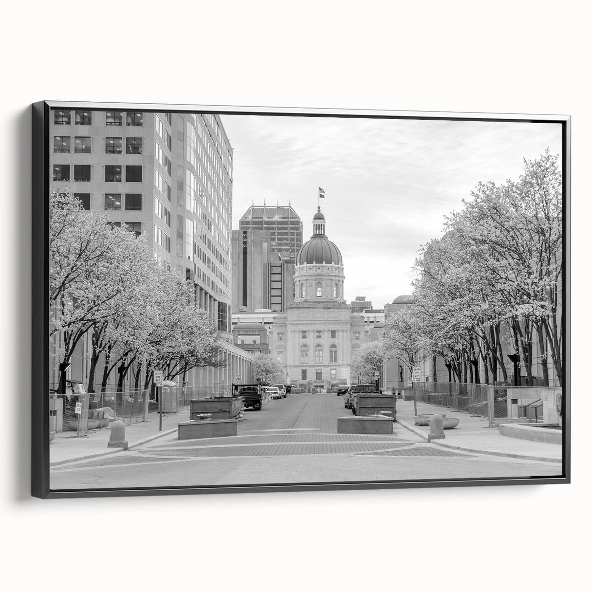 Black and white framed canvas depicting a vintage-style Indianapolis landscape, ideal for bedroom wall art.