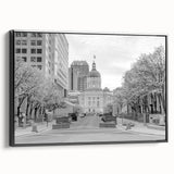 Black and white framed canvas depicting a vintage-style Indianapolis landscape, ideal for bedroom wall art.