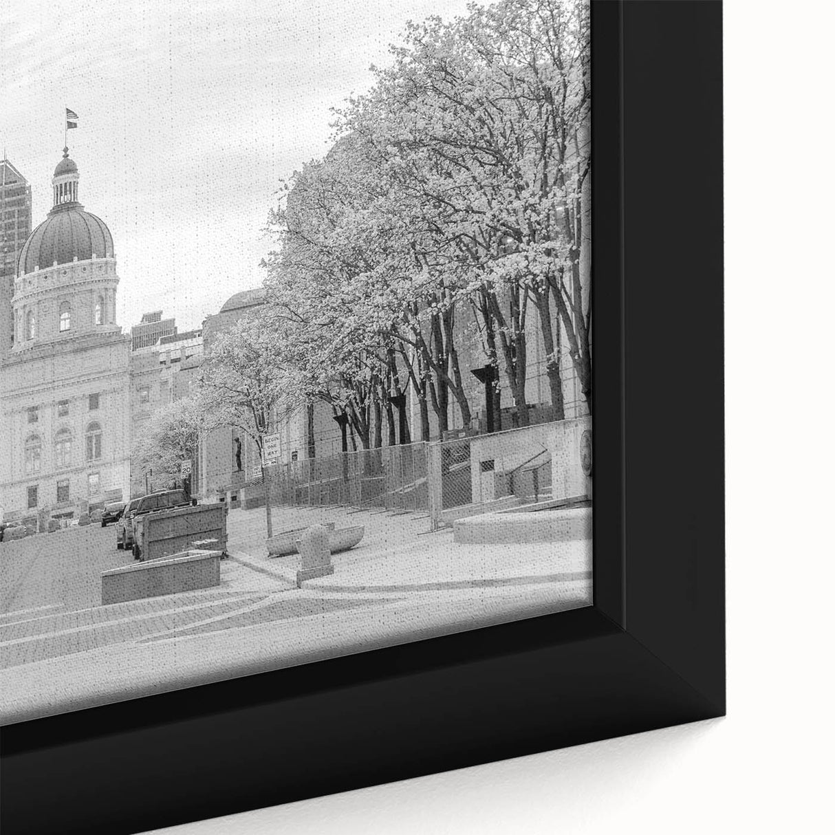 Extra large framed canvas depicting a textured, colorful Indianapolis skyline on a black background.