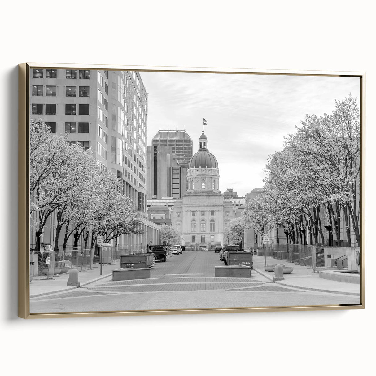 Framed canvas of Indianapolis skyline in black and gold tones, ideal for bedroom wall art.