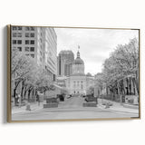 Framed canvas of Indianapolis skyline in black and gold tones, ideal for bedroom wall art.