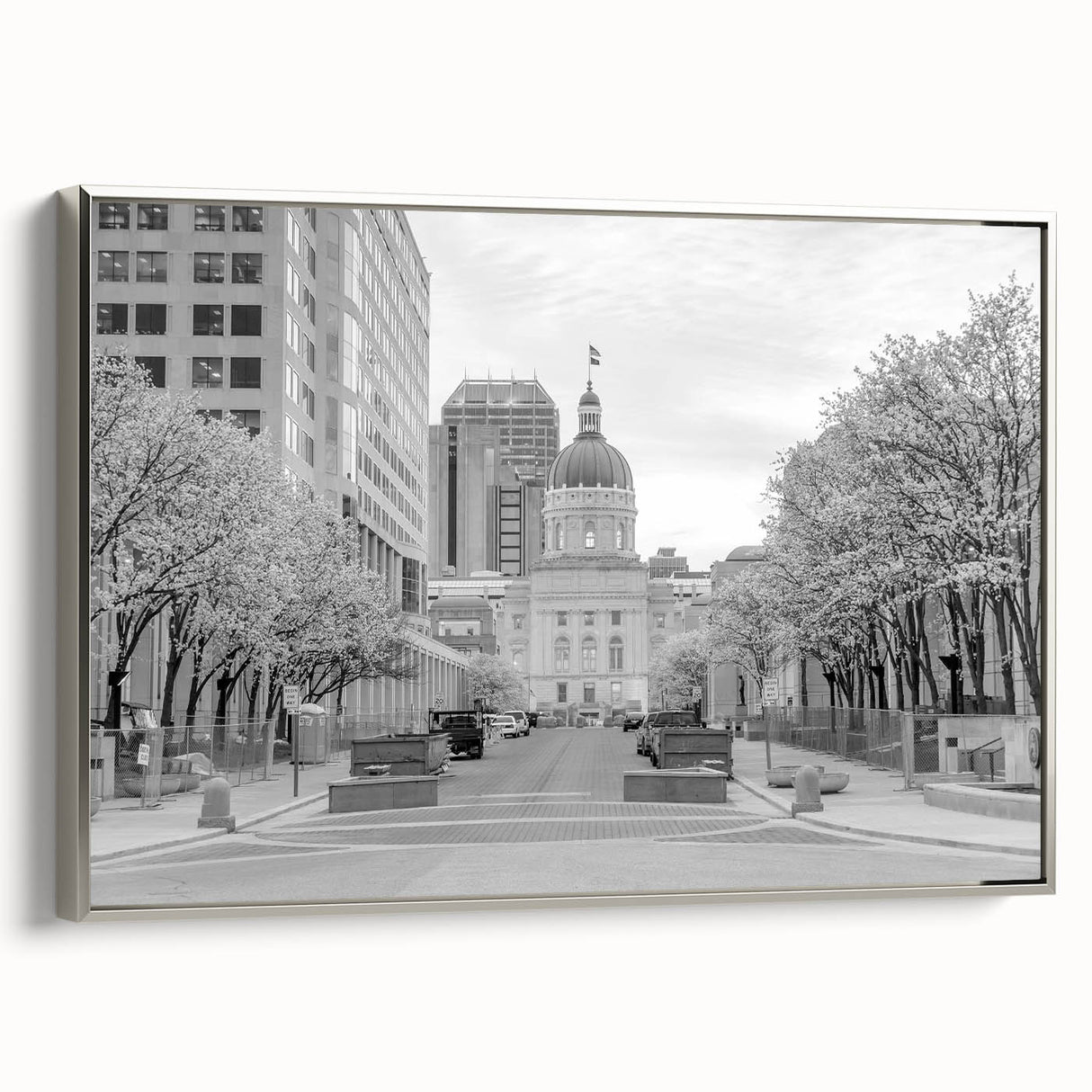 Landscape art painting of Indianapolis skyline in colorful hues on a framed canvas, ideal for office decor.