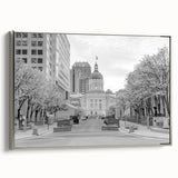 Landscape art painting of Indianapolis skyline in colorful hues on a framed canvas, ideal for office decor.
