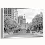 Vintage poster art of Indianapolis skyline in colorful hues on a framed canvas, suitable for living room decor.