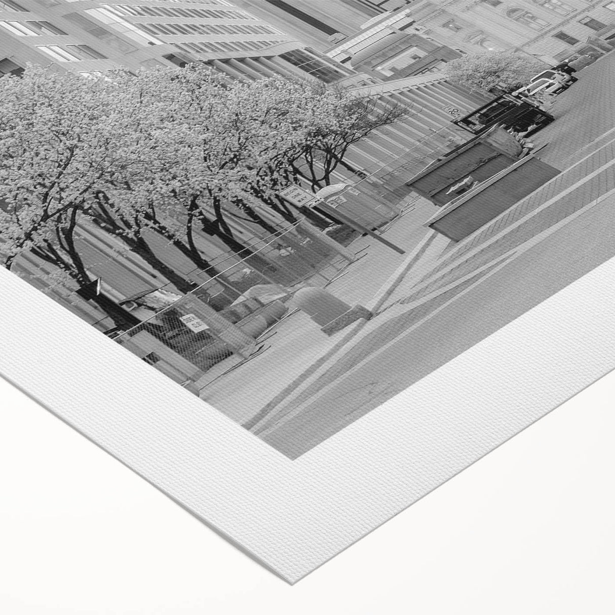 Art deco poster of Indianapolis skyline in muted gray and blue tones on rolled canvas, suitable for dining room decor.