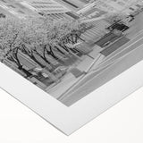 Art deco poster of Indianapolis skyline in muted gray and blue tones on rolled canvas, suitable for dining room decor.