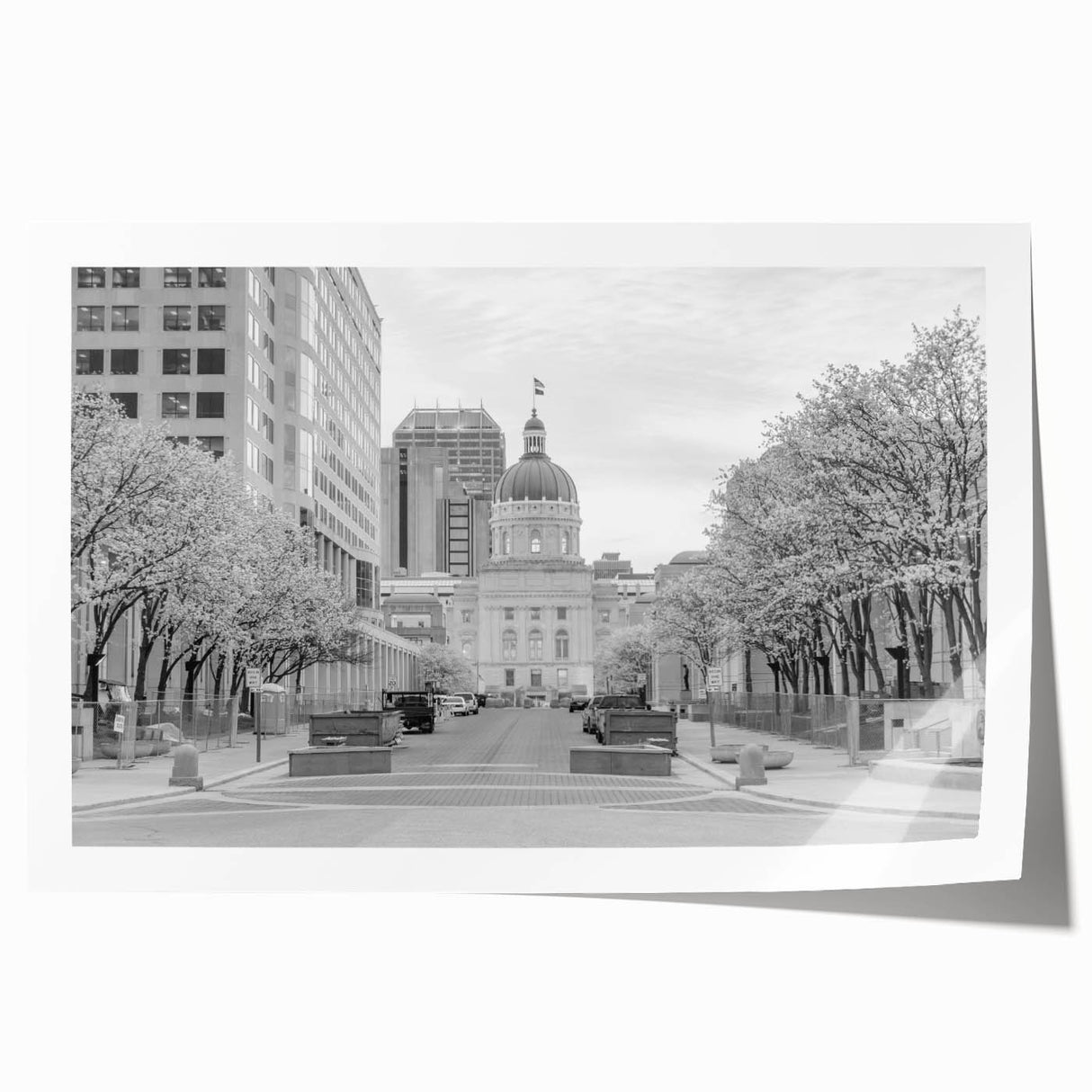 Indianapolis skyline in muted gray tones on a large rolled canvas, suitable for dining room wall art.