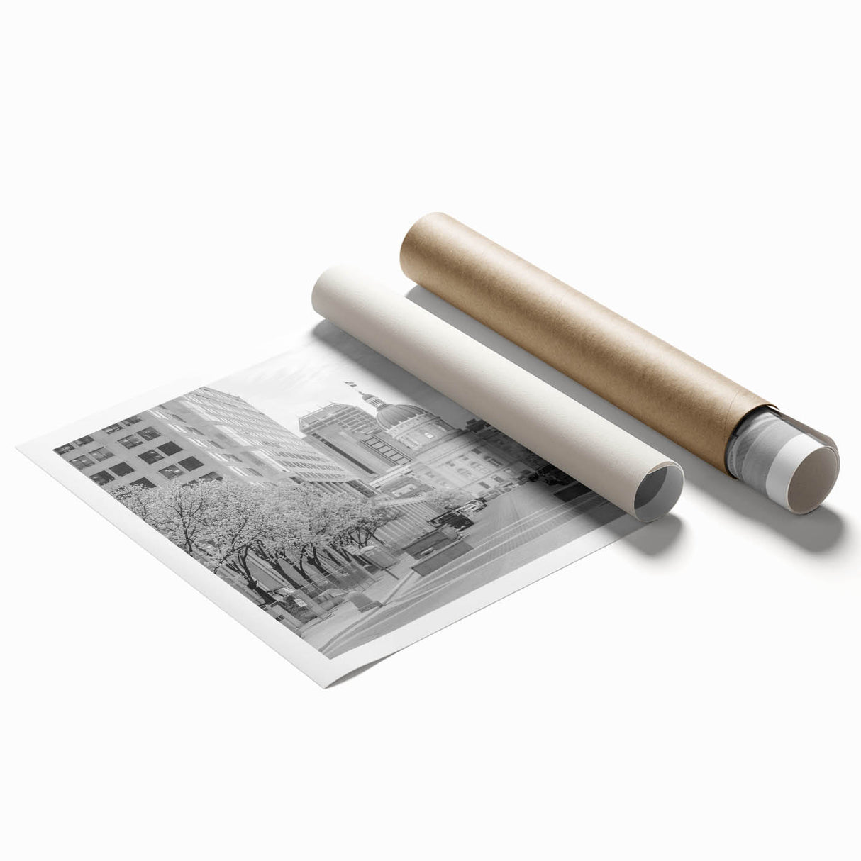 Extra large rolled print of Indianapolis scenery with floral elements in soft pastel shades.