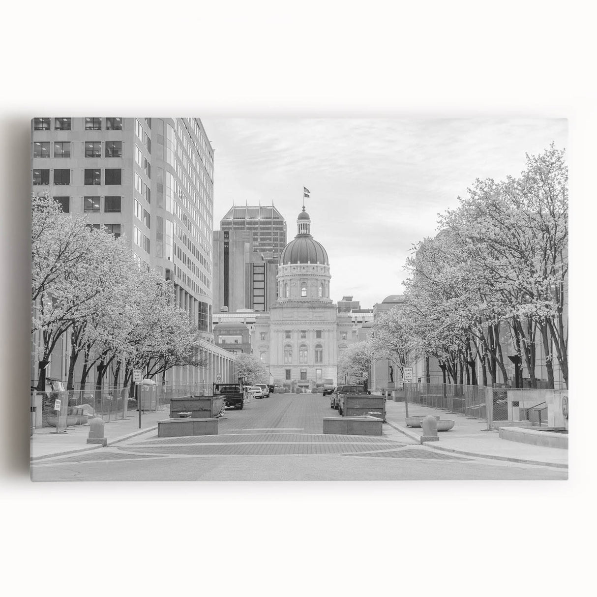 Black and white photo of Indianapolis skyline on large stretched canvas, suitable for kitchen wall art.