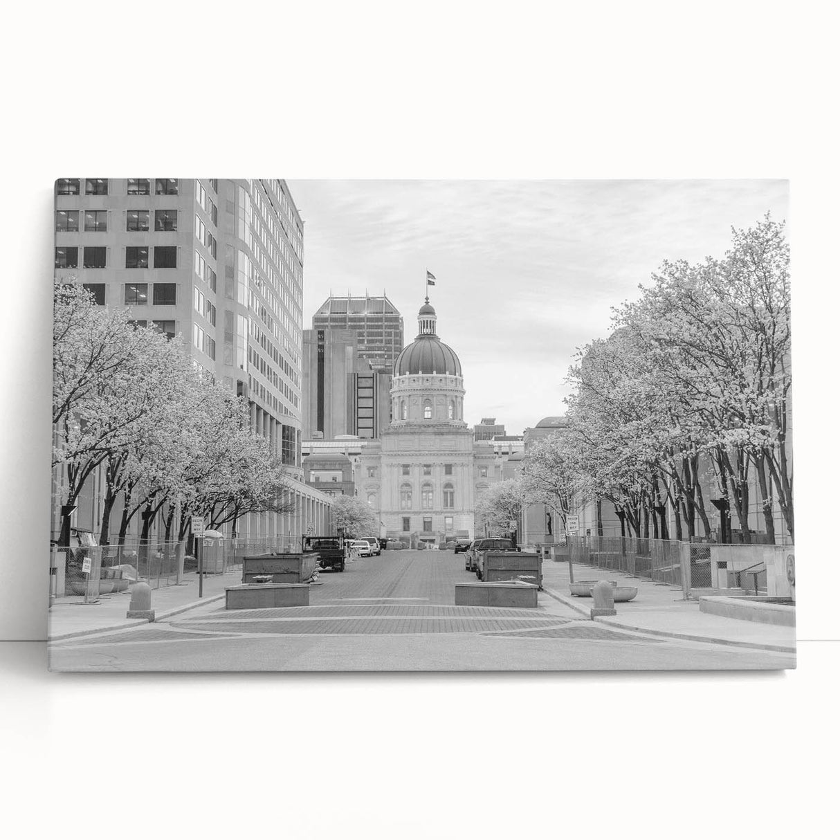 Black and white stretched canvas of Indianapolis skyline, ideal for kitchen wall art or bedroom.