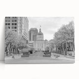 Black and white stretched canvas of Indianapolis skyline, ideal for kitchen wall art or bedroom.