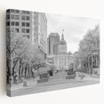 Indianapolis skyline in muted gray and blue tones on a large stretched canvas, suitable for kitchen wall art.