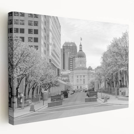 Indianapolis skyline in muted gray and blue tones on a large stretched canvas, suitable for kitchen wall art.