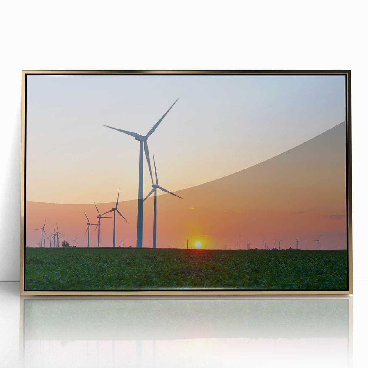 Mid-century modernist style depiction of Indiana scenery in muted earth tones, acrylic print framed in gold.