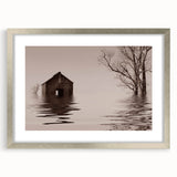 Textured abstract art print of Iowa scenery in muted earth tones, framed in silver, ideal for bedroom decor.